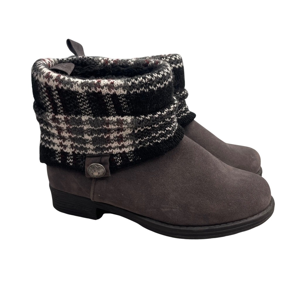 Womens Gray Suede Ankle Boots with Knit Cuff and Decorative Button Detail